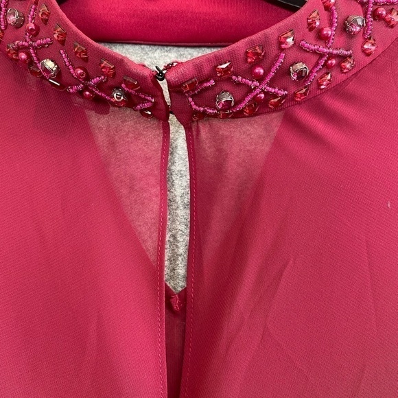 22. SLNY 2Pc Sleeveless V Neck Shift Dress Embellished Neck Shear Overlay Sz 10 - Picture 10 of 11